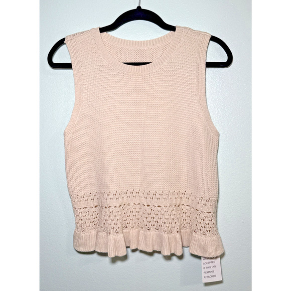 CiCiBIRD Sweater Crochet Ruffle Sleeveless Vest Tank Boho Beige Womens Med NWT - Picture 1 of 4